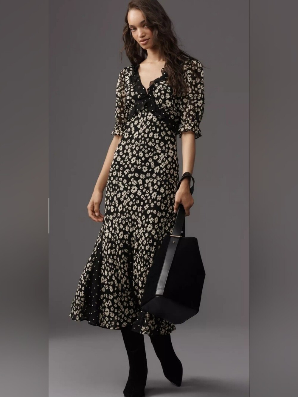 Rails Annmarie NWT Short-Slevee Midi Dress Floral Black & Cream Size M